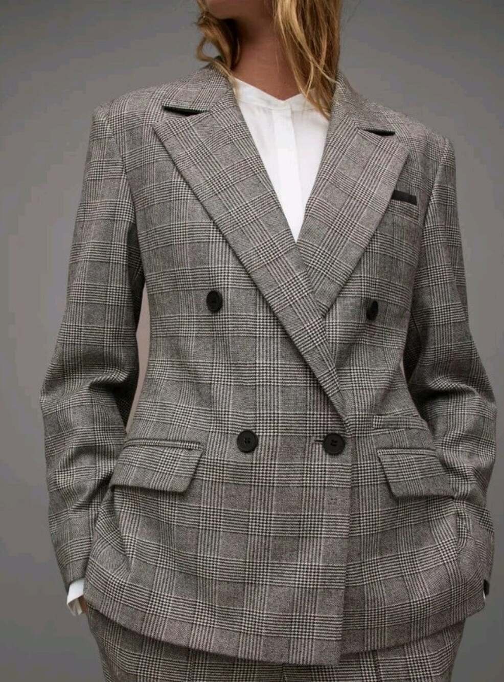 Allsaints Tailored Grey Bea Check Blazer Blend Wool Size 2 Pristine